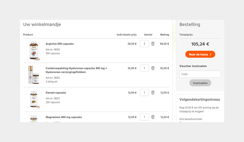 Op de pagina van het winkelmandje kunt u het bestelprocedure starten door op "Naar de kassa" klikken.